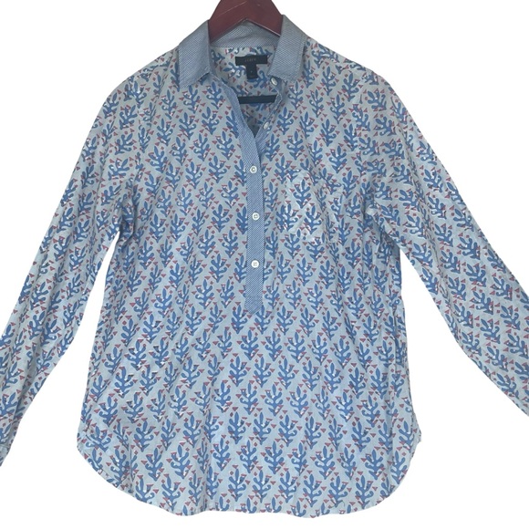 J. Crew Popover Blouse Coral Block Print Womens 6 Lightweight Spring Indian Blue - Picture 11 of 11